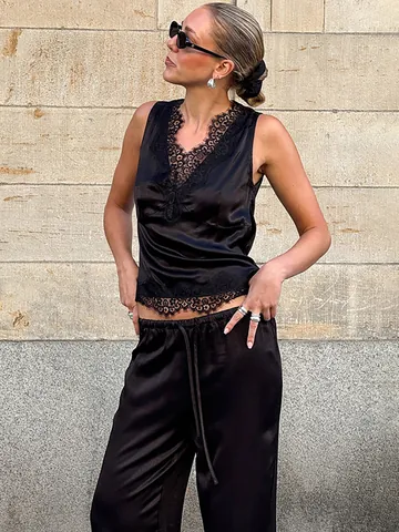 Women Satin Lace Top And Bottom V Neck Cami And Straight Leg Pants Elegant Sleeveless Loungewear Two Piece Clothing Set