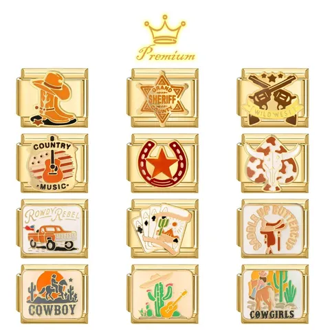 Western Cowboy Thema Italienische Charms Edelstahl Gold DIY Modulare Links Für Armbänder Kaktus Sheriff Stern Gitarre Hut