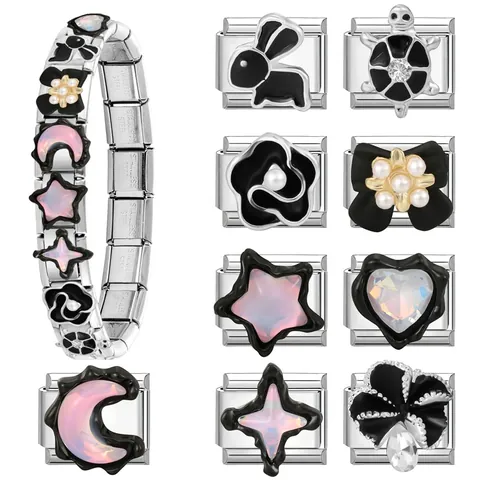 DIY Italian Charm Bracelet Link Stainless Steel Enamel Animal Rabbit Heart Star Moon Bow Jewelry Making Bracelet Accessory