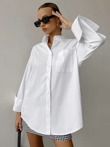 Women Casual Oversize White Shirt Boyfriend Style Long Sleeve Button Down Blouse Top With Pocket