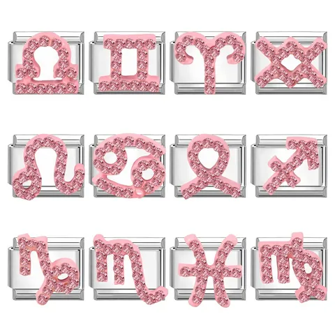 Modulo di Collegamento per Bracciale con Ciondoli DIY in Acciaio Inossidabile Stile Italiano con Segni Zodiacali in Strass Rosa