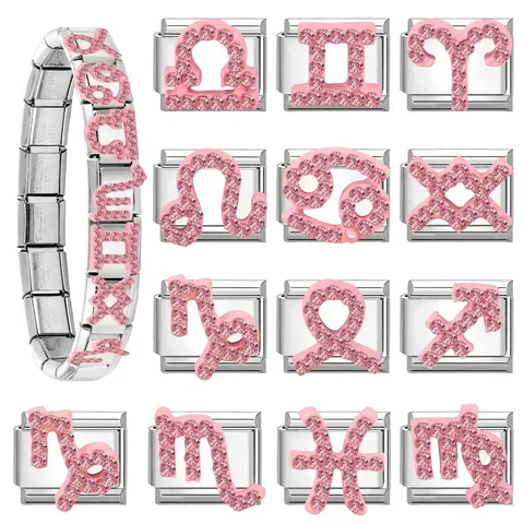 Modulo di Collegamento per Bracciale con Ciondoli DIY in Acciaio Inossidabile Stile Italiano con Segni Zodiacali in Strass Rosa
