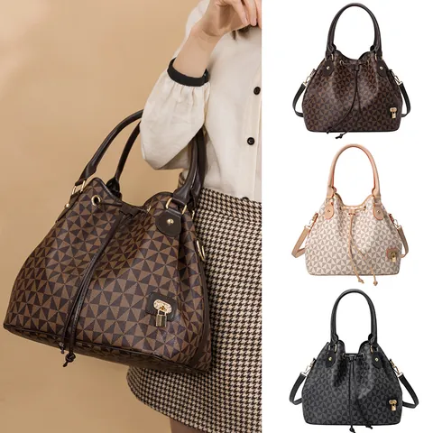 Borsa a Secchiello di Grande Capacità con Stampa Geometrica a Triangolo Borsa in Pelle PU con Chiusura a Coulisse per Donna