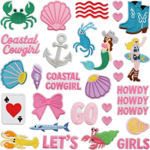 Coastal Cowgirl Embroidery Patch Surfing Girl Cowboy Boots Heart Bow Shell Marine Life Embroidered Iron On Patches For Clothing DIY