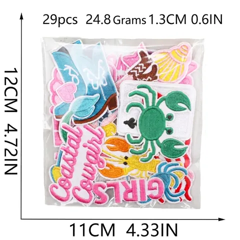 Coastal Cowgirl Embroidery Patch Surfing Girl Cowboy Boots Heart Bow Shell Marine Life Embroidered Iron On Patches For Clothing DIY