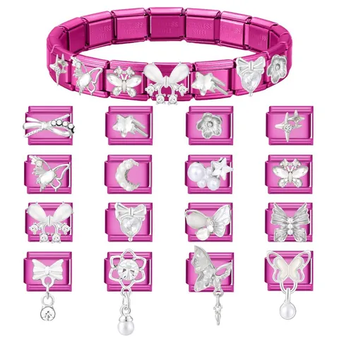 Liens de Bracelet à Breloques en Acier Inoxydable Magenta DIY Style Italien pour Femmes Breloques Modulaires Nœud Cœur