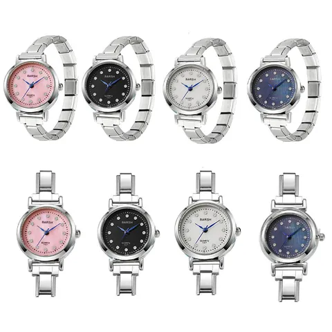Barsh Damen Quarzuhr Silber Edelstahl Italienisches DIY Modular Armband Strass Indizes Blaue Zeiger Elegante Armbanduhr