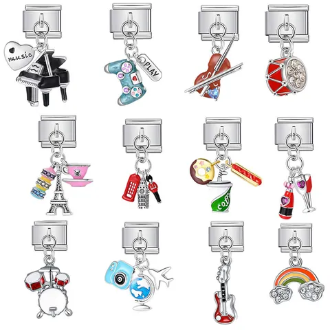 Stainless Steel Rhinestone Italian Link Charm Musical Instrument Pendant For DIY Bracelet Enameled Modular Jewelry Accessory