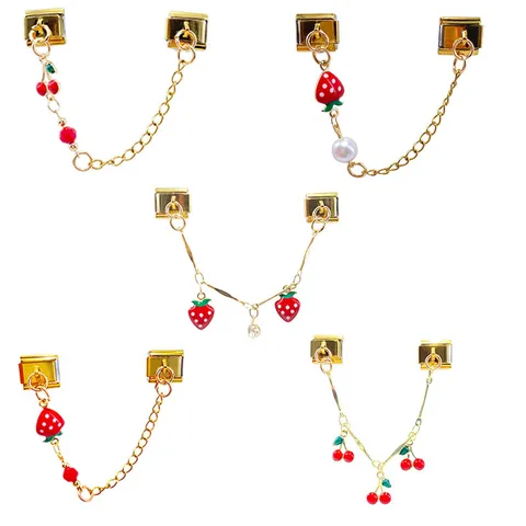Stainless Steel Italian Modular Bracelet Charms DIY Fruit Strawberry Cherry Enamel Painted Pendants Gold Plated Jewelry Accessories