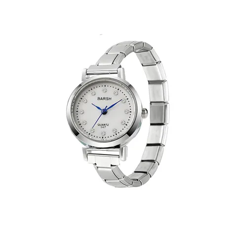 Barsh Damen Quarzuhr Silber Edelstahl Italienisches DIY Modular Armband Strass Indizes Blaue Zeiger Elegante Armbanduhr