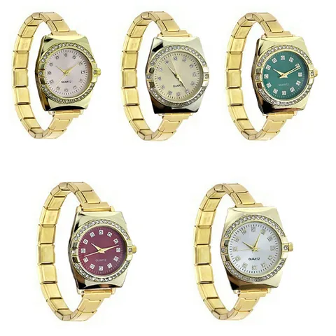 Fashion Quartz Watch Women Men Gold Stainless Steel Modular Band Rhinestone Inlaid Dial Minimalist Ins Style Wristwatch