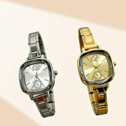 Ins Style Square Quartz Watch For Women Minimalist Stainless Steel Band Rhinestone Inlaid Fashion Dress Wristwatch Gold Silver