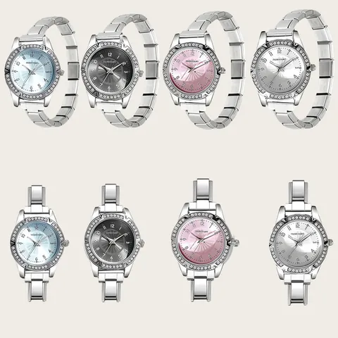 Women Fashion Small Dial Quartz Watch Rhinestone Encrusted Bezel Stainless Steel Modular Bracelet Sunray Pattern Dress Watch