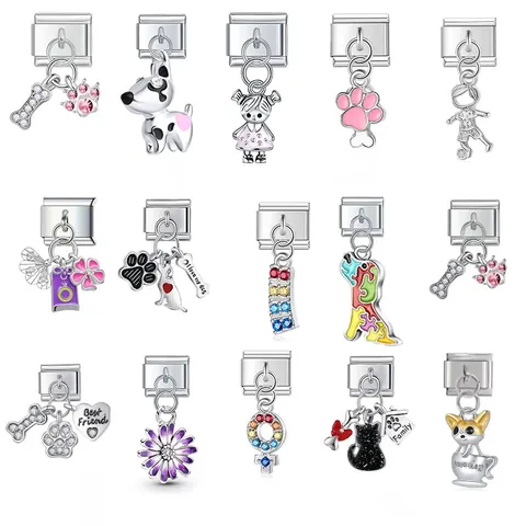 Stainless Steel Italian Charm Link DIY Bracelet Pendant Accessories Animal Dog Paw Heart Bone Enamel Rhinestone Jewelry Link