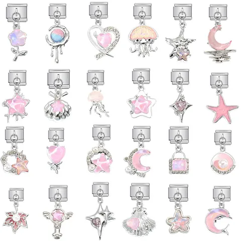 Ιταλικό Μενταγιόν Charm από Ανοξείδωτο Ατσάλι Pink Ocean DIY Αρθρωτό Αξεσουάρ για Κοσμήματα Βραχιόλι Στρας Τεχνητά Μαργαριτάρια