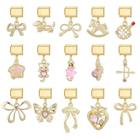 Pulsera de Charms Italianos de Acero Inoxidable Eslabón Modular DIY Chapado en Oro Lazo Animal Fresa Colgante Strass Accesorios Joyería
