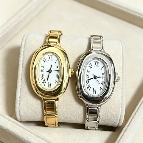 Italian Modular Quartz Watch For Women Oval Dial Roman Numeral Stainless Steel Charm Bracelet Retro Fashion Wristwatch