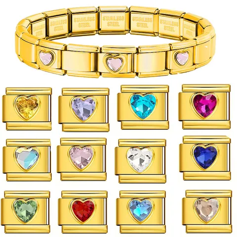 Italiaanse Stijl Roestvrij Staal Modulaire Armbandschakel Hart Geboortesteen Gestanste Stretch Charm Voor DIY Sieraden Maken Unisex