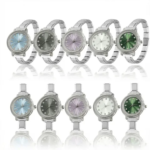 Orologio al Quarzo da Donna Cinturino Modulare Fai da Te Italiano in Acciaio Inossidabile Lunetta con Strass Quadrante Rotondo a Raggiera Gioielli di Moda