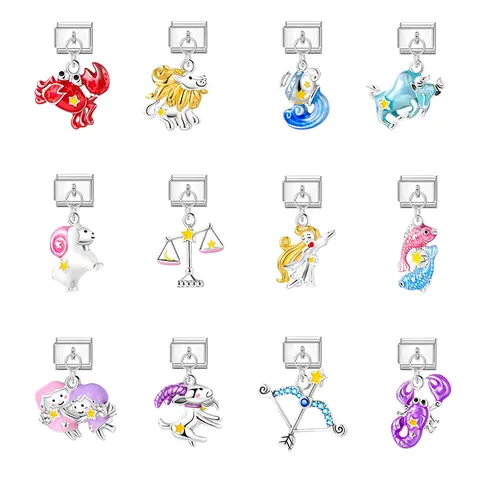 Zwölf Sternzeichen Italienischer Modulanhänger Für DIY Armband Edelstahl Emaille Cartoon Sternbild Schmuck Link Zubehör