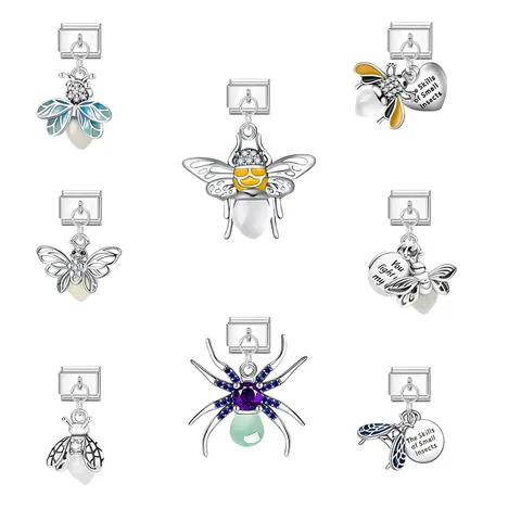 Stainless Steel Luminous Insect Charms For Italian Modular Bracelet Alloy Rhinestone Bee Spider Firefly DIY Pendant Jewelry