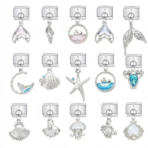 Dije Italiano de Acero Inoxidable Animales Marinos Concha Caballito de Mar Cola de Sirena Diamante de Imitación Perla Artificial para Pulsera DIY Accesorio Joyería