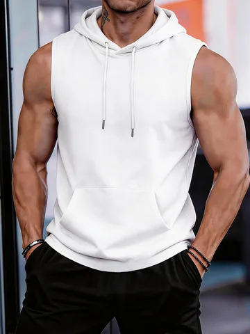 Men's Quick Dry Sleeveless Hoodie Fitness Muscle Tank Top With Kangaroo Pocket Solid Color Gym Workout Training Vest