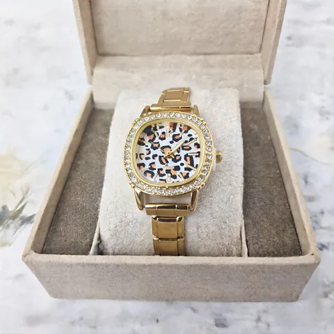 Reloj de Cuarzo para Mujer Eslabones Italianos Bisel de Strass Ovalado Esfera con Estampado de Leopardo DIY Reloj Modular de Acero Inoxidable