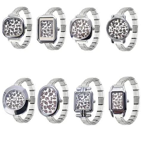 Italienische Modulare Armbanduhr Leopardenmuster Edelstahlarmband Quarzuhr Silber DIY Fashion Uhrenkopf Für Damen Herren
