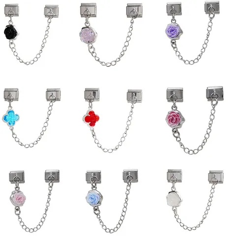 Italienischer Modularer Charm-Anhänger Aus Edelstahl Für Armband DIY Emaille Rose Blume Klee Glied Fashion Schmuckzubehör