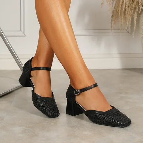 Zapatos Mary Jane de Tacón Alto para Mujer Punta Cuadrada Tacón de Bloque Correa al Tobillo Tejidos Calados para Fiesta