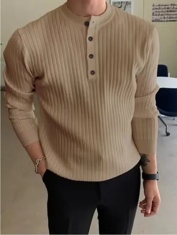 Men's Casual Half High Neck Button Henley Knit Sweater Autumn Winter Long Sleeve Ribbed Pullover Slim Fit Fashion Knitwear