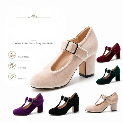Chaussures Mary Jane Rétro en Velours pour Femmes Talons Hauts Épais Bride en T Bout Rond Escarpins de Fête Bureau Grande Taille