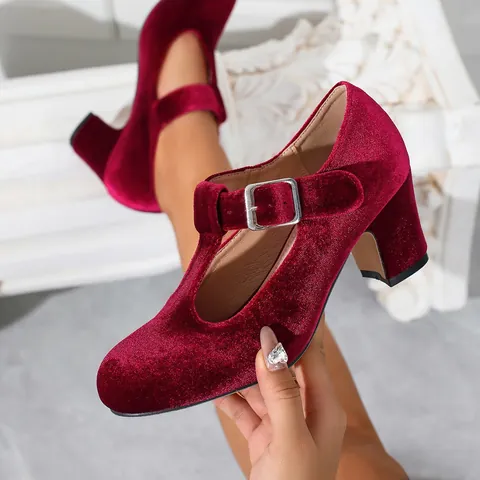 Chaussures Mary Jane Rétro en Velours pour Femmes Talons Hauts Épais Bride en T Bout Rond Escarpins de Fête Bureau Grande Taille
