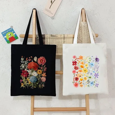 Floral Printed Canvas Tote Bag For Women Eco Friendly Reusable Cotton Shoulder Shopping Bag Aesthetic Casual Handbag Gift