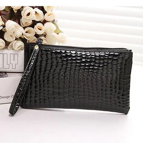 Women Fashion Crocodile Pattern PU Leather Clutch Bag Korean Style Zipper Wristlet Phone Pouch Coin Purse Party Handbag Wallet
