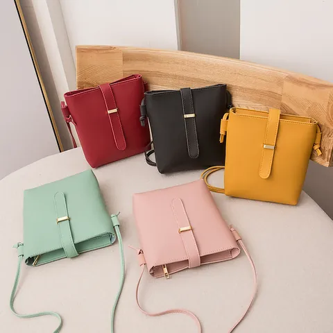 Simple Women Mini PU Leather Bucket Crossbody Bag Small Drawstring Shoulder Phone Bag Casual Plain Solid Color Purse
