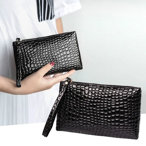 Women Fashion Crocodile Pattern PU Leather Clutch Bag Korean Glossy Wristlet Purse Mobile Phone Bag Coin Pocket Zip Pouch