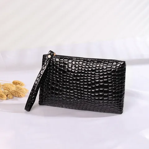 Women Fashion Crocodile Pattern PU Leather Clutch Bag Korean Glossy Wristlet Purse Mobile Phone Bag Coin Pocket Zip Pouch