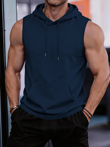 Men's Quick Dry Sleeveless Hoodie Fitness Muscle Tank Top With Kangaroo Pocket Solid Color Gym Workout Training Vest