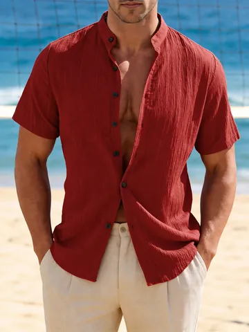 Men's Casual Stand Collar Short Sleeve Textured Shirt Slim Fit Solid Color Summer Woven Top for Beach Vacation