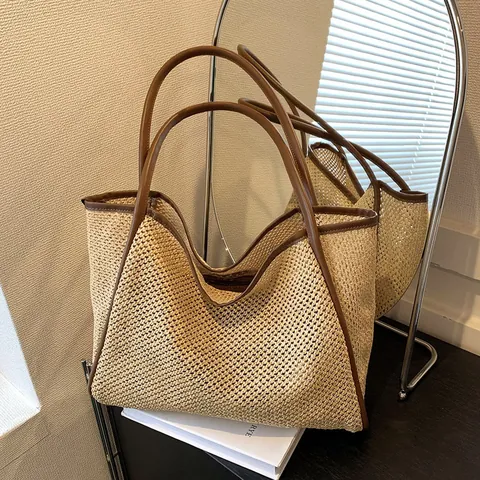 Women Large Capacity Straw Woven Tote Bag 2025 Summer Beach Shoulder Bag Urban Minimalist PU Leather Trim Commuter Handbag