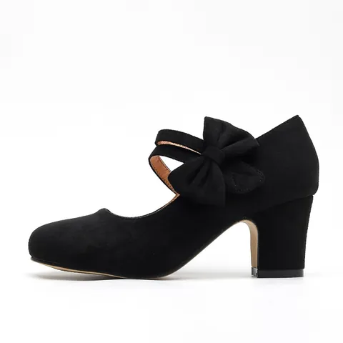 Chaussures Classiques en Daim à Bout Rond pour Femmes Mary Jane Talons Hauts Décor de Nœud Élégant Escarpins à Talon Épais pour Mariage