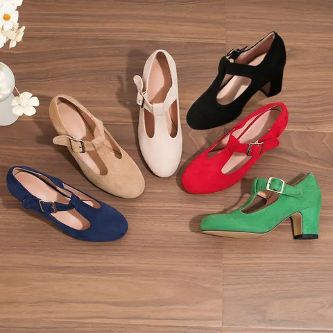 Chaussures Mary Jane Grandes Tailles pour Femmes Bride en T Talon Bloc Vintage Faux Daim Bout Rond Boucle pour Banquet