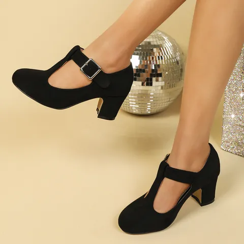 Chaussures Mary Jane Grandes Tailles pour Femmes Bride en T Talon Bloc Vintage Faux Daim Bout Rond Boucle pour Banquet