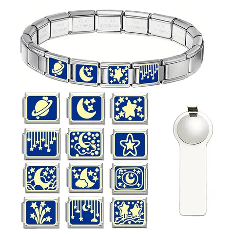 Italienische Charm Links Edelstahl Blau Emaille Sternenhimmel Mond Stern Planet Modulare Armband Zubehör Für DIY Schmuckherstellung