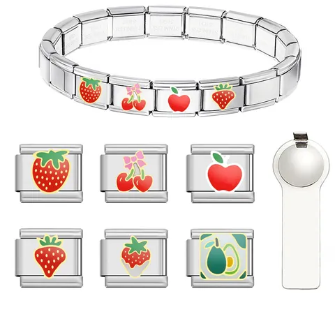 Edelstahl Italienischer Charm-Link Für DIY Modulares Armband Fruchtmuster Erdbeere Kirsche Emaille Schmuckherstellung