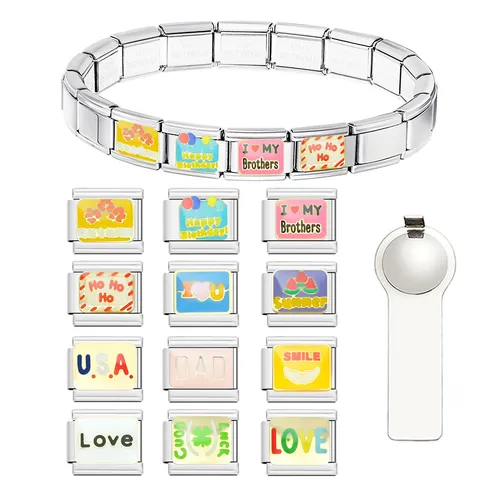 Edelstahl Italienisches Charm Armband DIY Abnehmbare Glieder Emaille Alphabet Familie Thema Schmuck Zubehör Für Damen Herren