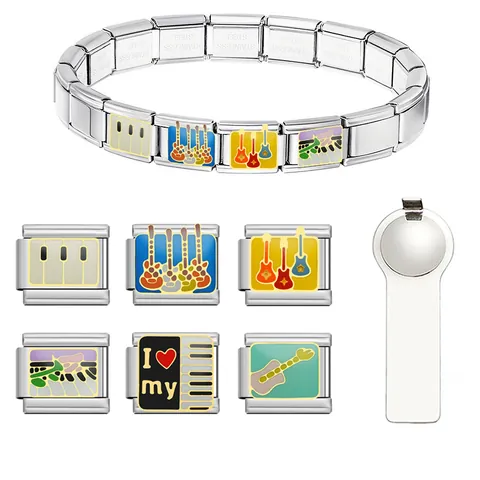 Stainless Steel Musical Instrument Italian Charm Links DIY Modular Bracelet Connector Piano Guitar Enamel Jewelry Accessory