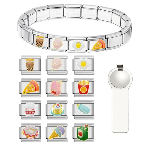 Maglia per Bracciale Italian Modular Charm DIY Acciaio Inossidabile Gioielli Personalizzati Tema Snack Bubble Tea Pizza Patatine